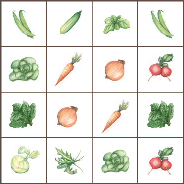 16 Quadrate, 4 x 4, mit verschiedenen Gemüsezeichnungen in der Mitte.