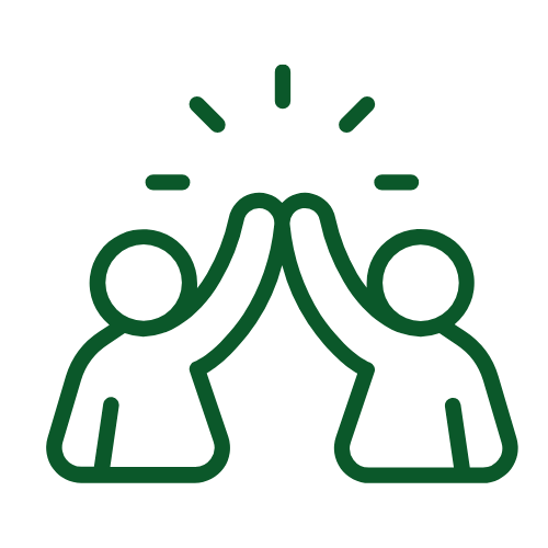 Zwei einfache grüne Strichzeichnungen von Menschen, die jeweils einen Arm hochheben. Ihre erhobenen Hände berühren sich in der Mitte und bilden ein High-Five. Kurze Linien über den Händen deuten auf Erregung oder Feierlichkeit hin. Der Hintergrund ist hellgrau.