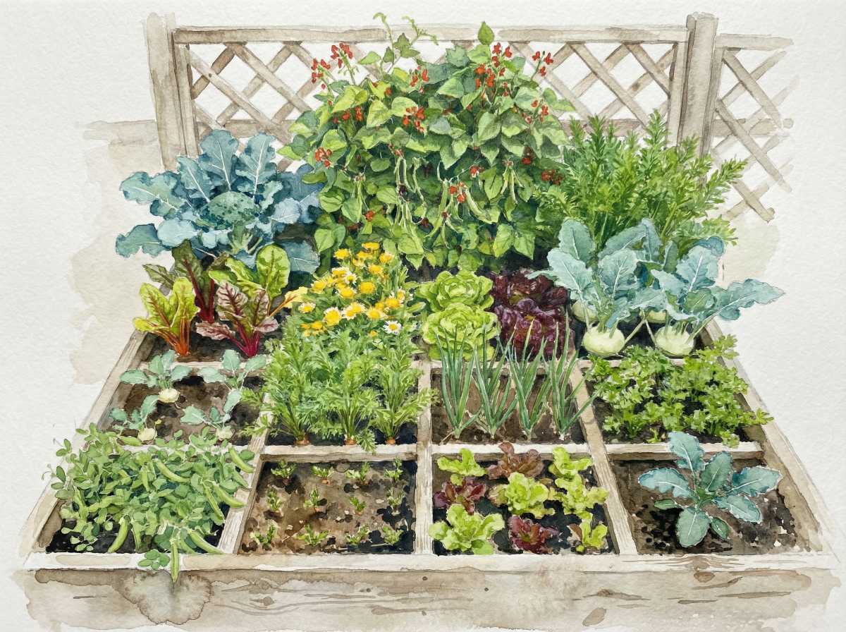 Eine Aquarellillustration eines hölzernen Hochbeetes, das in Abschnitte unterteilt ist, die jeweils mit verschiedenen Gemüsesorten und Kräutern wie Grünkohl, Salat, Karotten, Bohnen, Blumen und Blattgemüse bepflanzt sind. Ein Holzspalier stützt Kletterpflanzen im Hintergrund.
