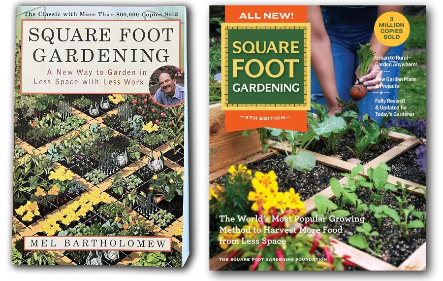 Zwei Buchumschläge von "Square Foot Gardening". Das linke zeigt ein üppiges Hochbeet und einen Titel von Mel Bartholomew. Das rechte zeigt behandschuhte Hände, die in ein gitterförmiges Gartenbeet pflanzen, mit farbigem Text und Hinweisen auf die Vorteile der Methode.